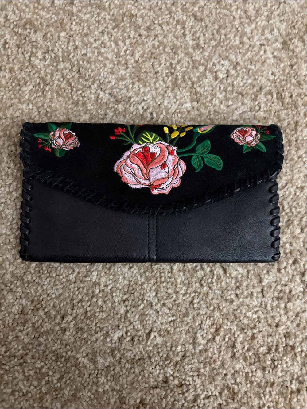 Street Level Black Clutch with Pink Floral Embroidery